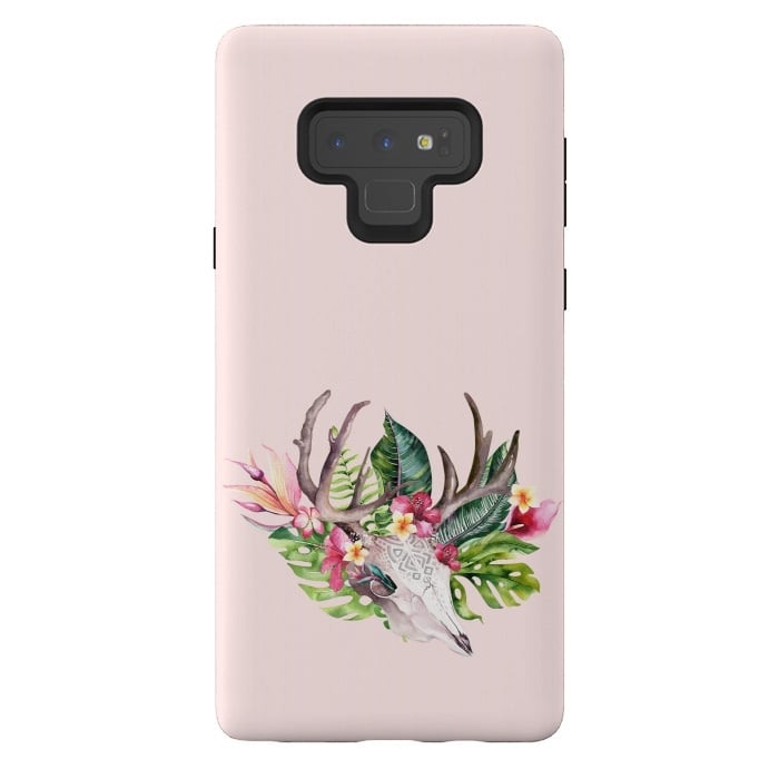 Galaxy Note 9 StrongFit BOHO  Skull with tropical flowers and foliage by  Utart