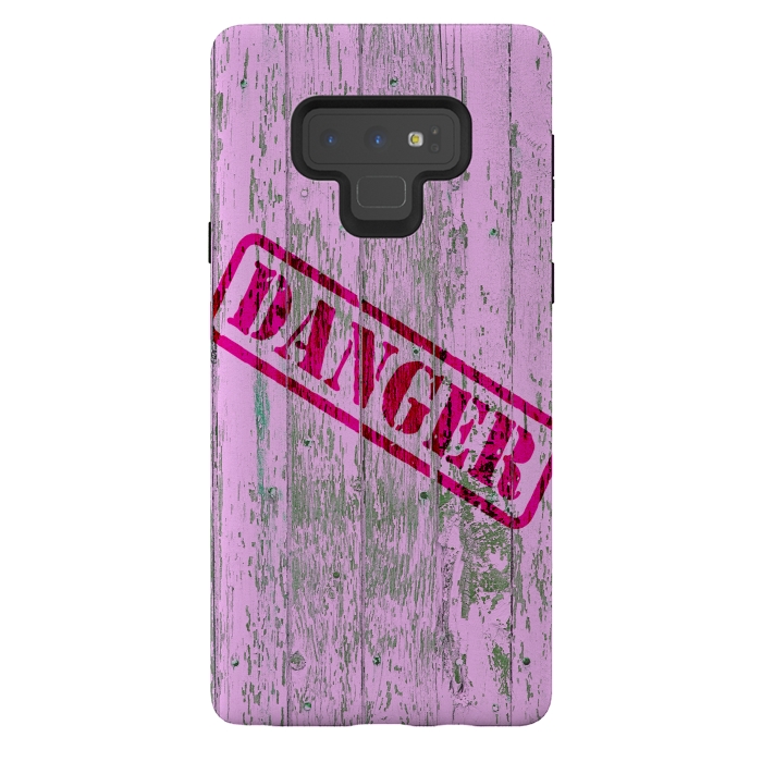 Galaxy Note 9 StrongFit Pink Danger Sign On Old Wooden Planks by Andrea Haase