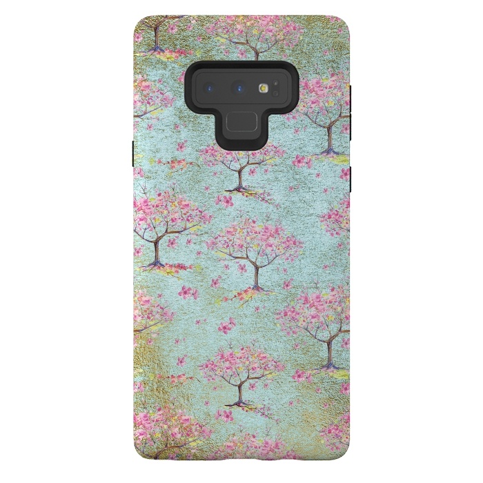 Galaxy Note 9 StrongFit Shiny Teal Spring Metal Cherry Blossom Tree Pattern by  Utart