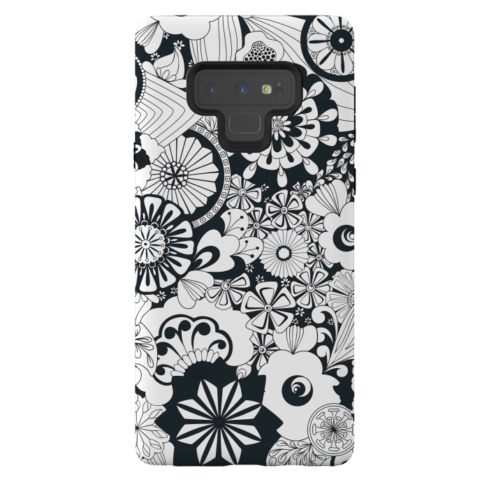 Galaxy Note 9 StrongFit 70s Flowers - Navy and White by Paula Ohreen