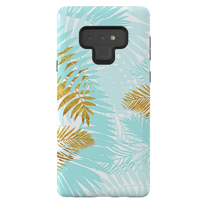 Galaxy Note 9 StrongFit Teal and Gold Palm Leaves by  Utart