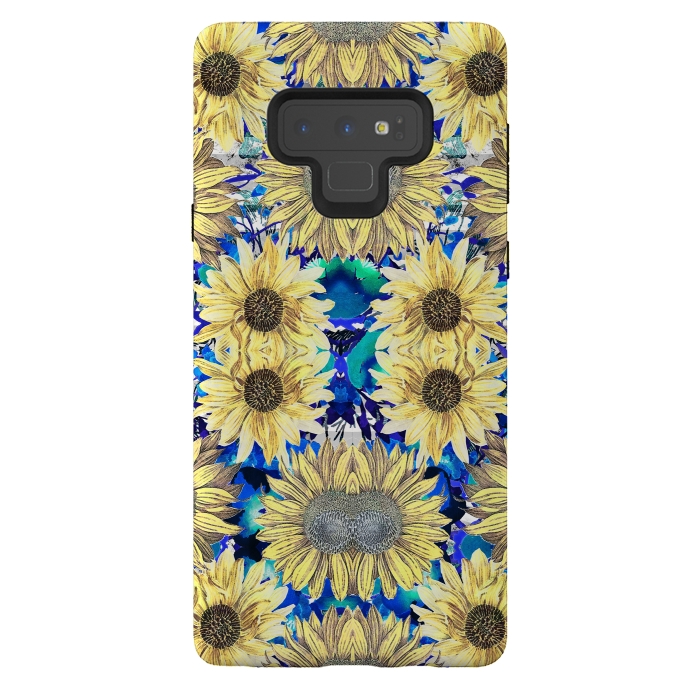 Galaxy Note 9 StrongFit Watercolor painted sunflowers and blue foliage by Oana 