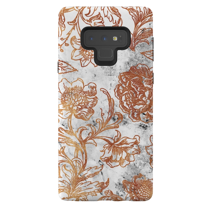 Galaxy Note 9 StrongFit Golden flowers line art on white marble by Oana 