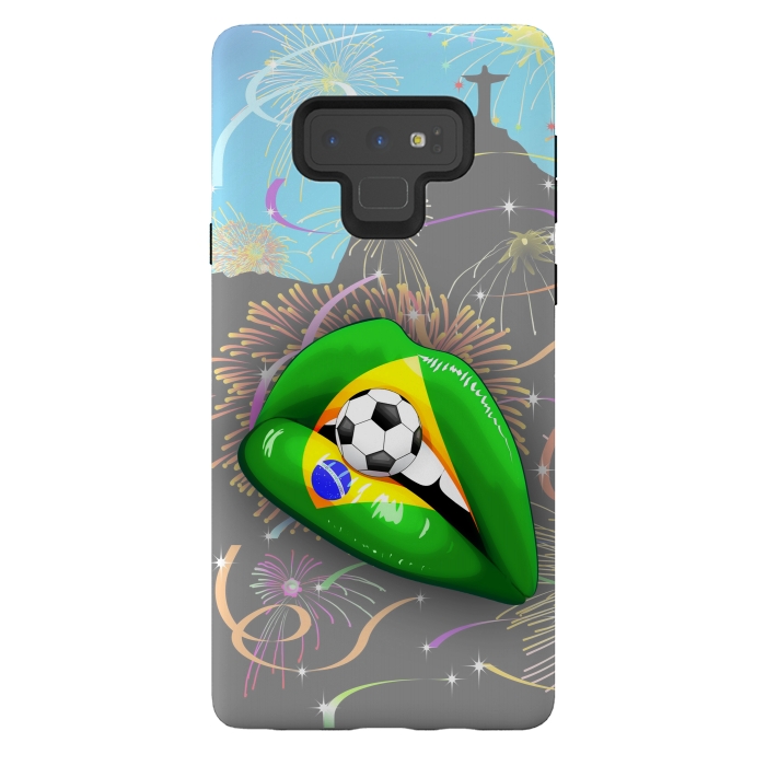 Galaxy Note 9 StrongFit  Brazil Flag Lipstick Soccer Supporters on Sensual Woman's Lips by BluedarkArt