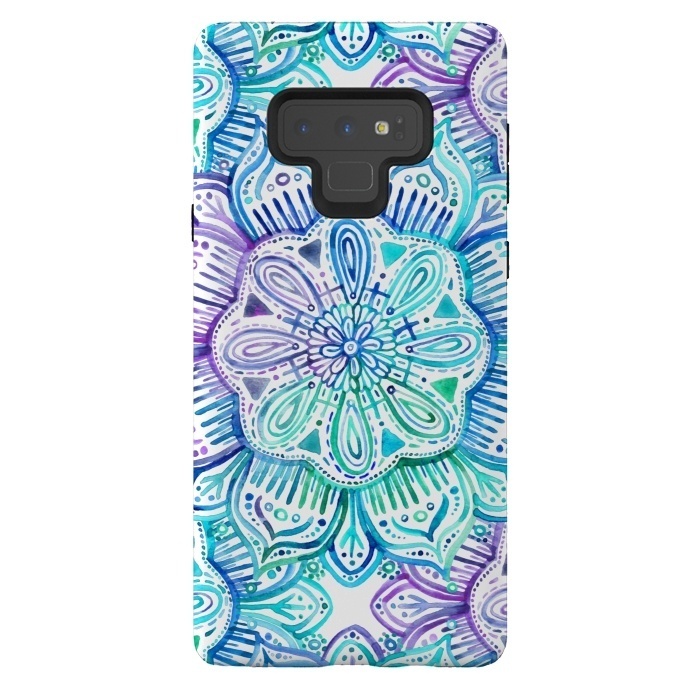 Galaxy Note 9 StrongFit Iridescent Aqua and Purple Watercolor Mandala by Micklyn Le Feuvre