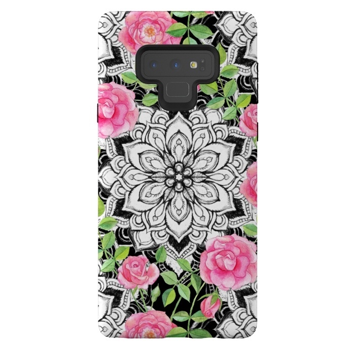 Galaxy Note 9 StrongFit Peach Pink Roses and Mandalas on Black and White Lace by Micklyn Le Feuvre