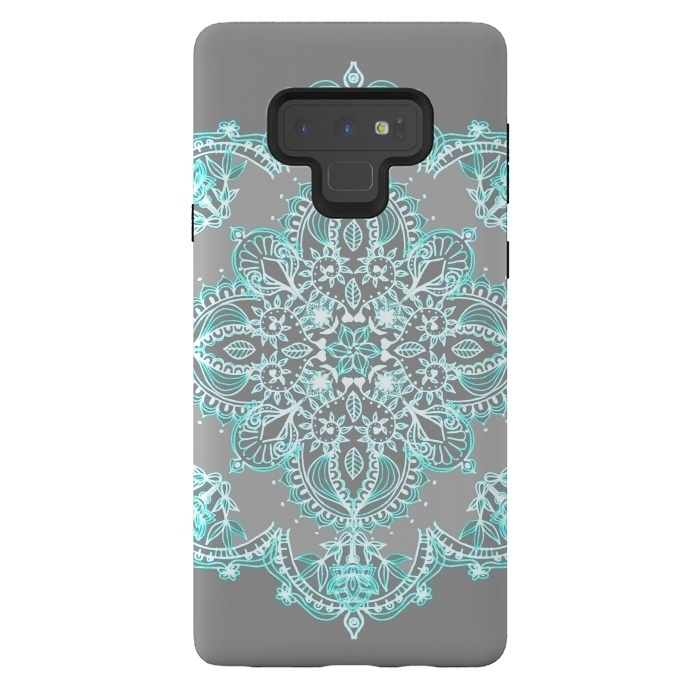 Galaxy Note 9 StrongFit Teal and Aqua Lace Mandala on Grey  by Micklyn Le Feuvre