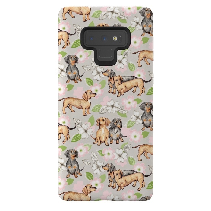 Galaxy Note 9 StrongFit Dachshunds and dogwood blossoms by Micklyn Le Feuvre