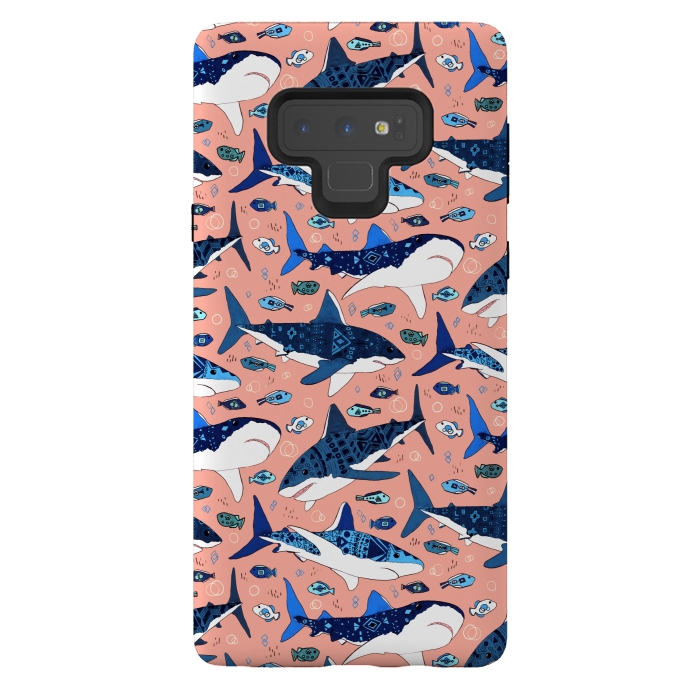Galaxy Note 9 StrongFit Tribal Sharks & Fish On Pink by Tigatiga
