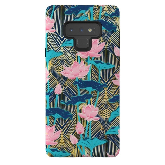 Galaxy Note 9 StrongFit Art Deco Lotus Flowers in Pink & Navy by Micklyn Le Feuvre