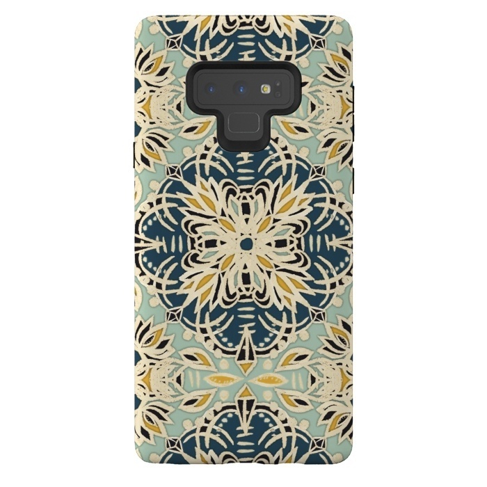 Galaxy Note 9 StrongFit Protea Pattern in Deep Teal, Cream, Sage Green & Yellow Ocher by Micklyn Le Feuvre