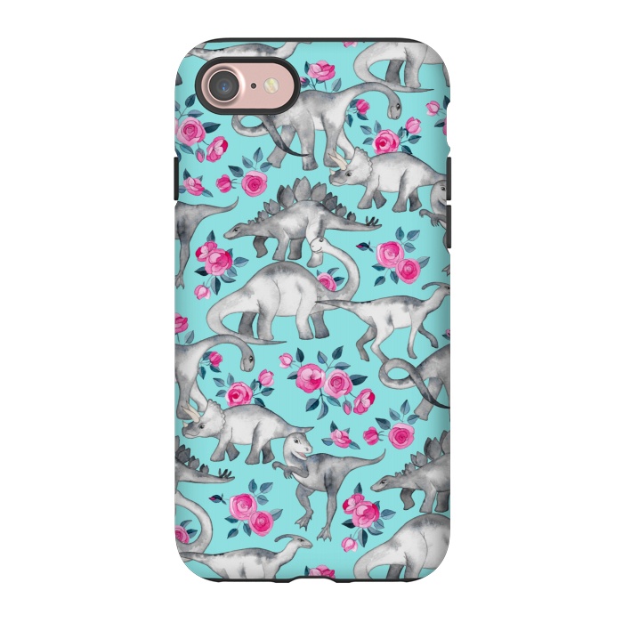 iPhone 7 StrongFit Dinosaurs and Roses on Turquoise by Micklyn Le Feuvre