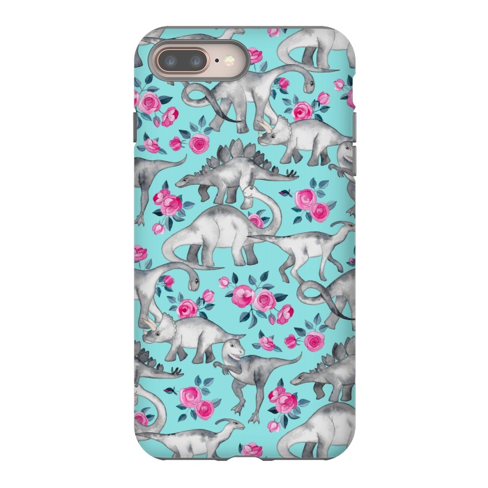 iPhone 7 plus StrongFit Dinosaurs and Roses on Turquoise by Micklyn Le Feuvre
