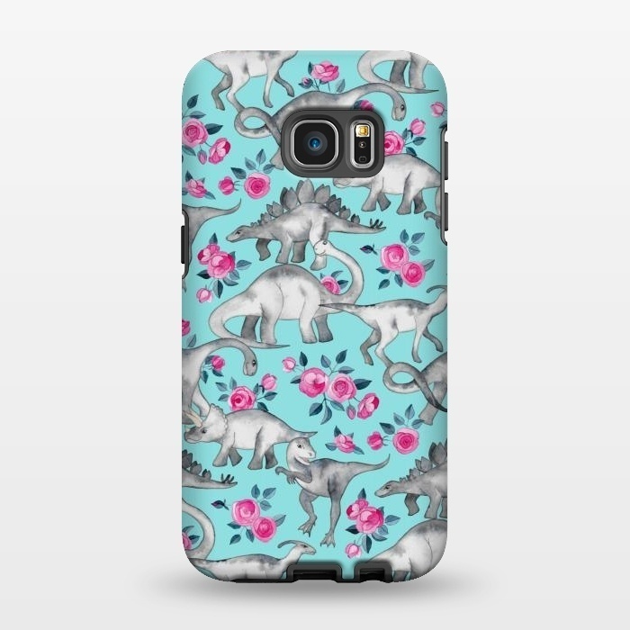 Galaxy S7 EDGE StrongFit Dinosaurs and Roses on Turquoise by Micklyn Le Feuvre