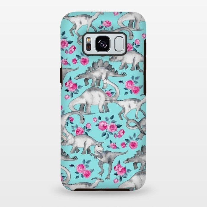 Galaxy S8 plus StrongFit Dinosaurs and Roses on Turquoise by Micklyn Le Feuvre