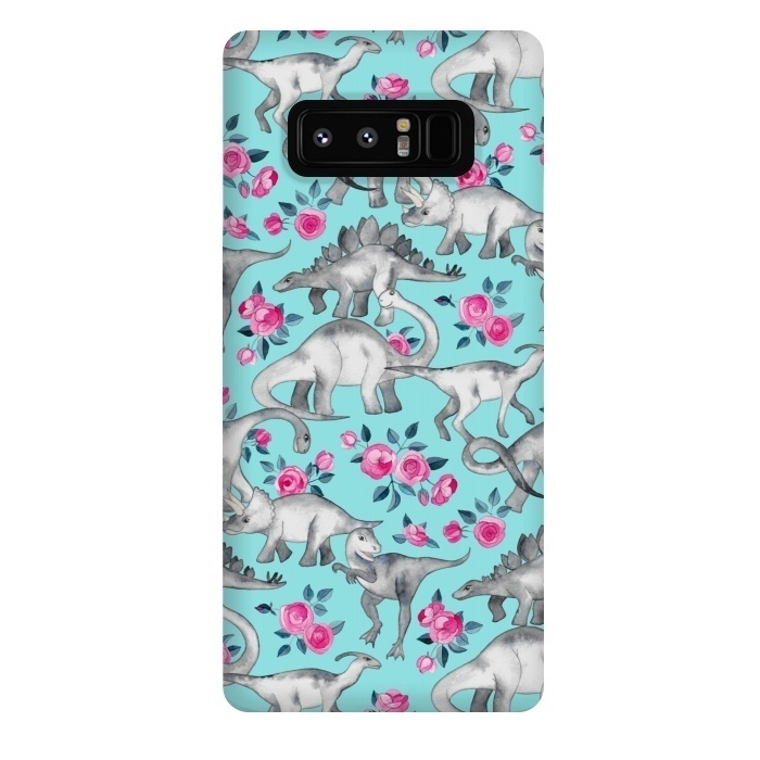 Galaxy Note 8 StrongFit Dinosaurs and Roses on Turquoise by Micklyn Le Feuvre