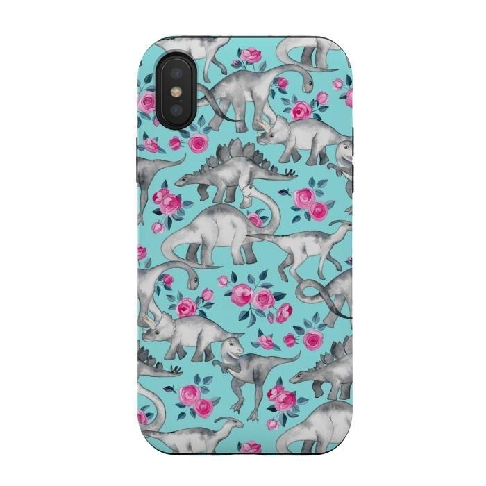 iPhone Xs / X StrongFit Dinosaurs and Roses on Turquoise by Micklyn Le Feuvre