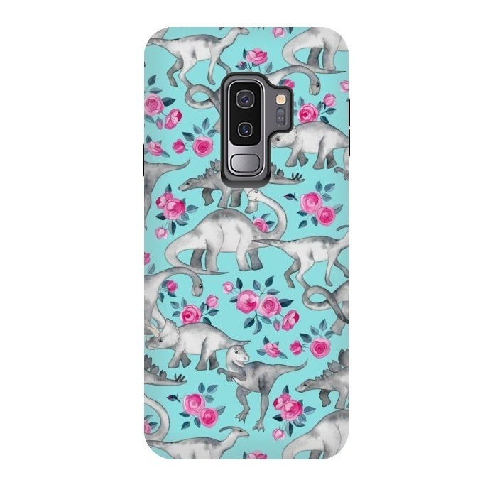 Galaxy S9 plus StrongFit Dinosaurs and Roses on Turquoise by Micklyn Le Feuvre