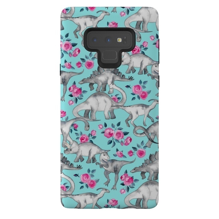 Galaxy Note 9 StrongFit Dinosaurs and Roses on Turquoise by Micklyn Le Feuvre