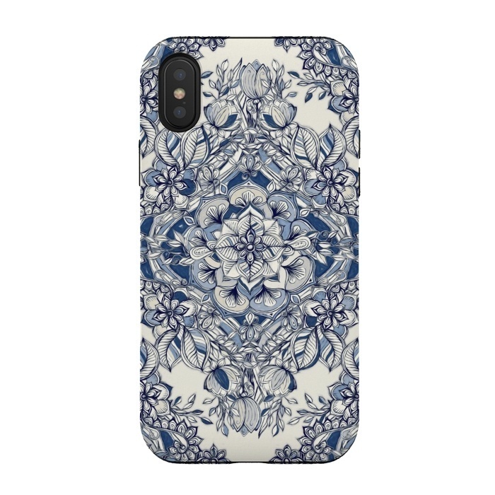 iPhone Xs / X StrongFit Floral Diamond Doodle in Dark Blue and Cream by Micklyn Le Feuvre