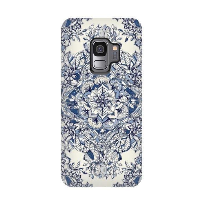 Galaxy S9 StrongFit Floral Diamond Doodle in Dark Blue and Cream by Micklyn Le Feuvre