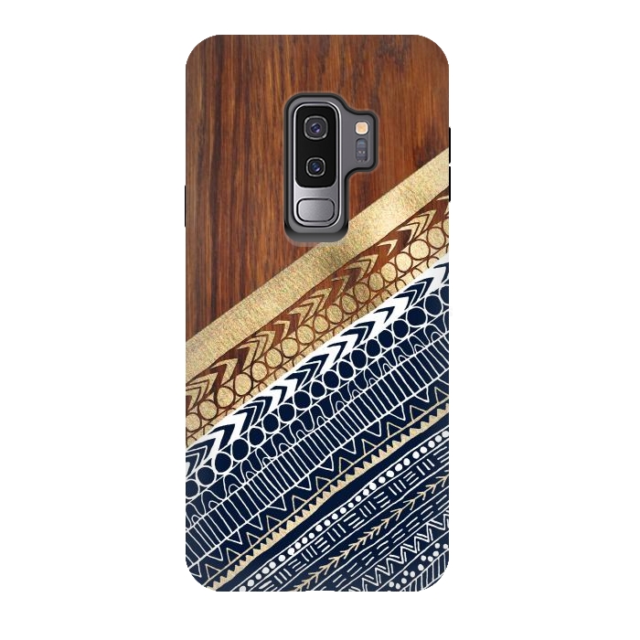 Galaxy S9 plus StrongFit Navy & Gold Tribal on Wood by Tangerine-Tane