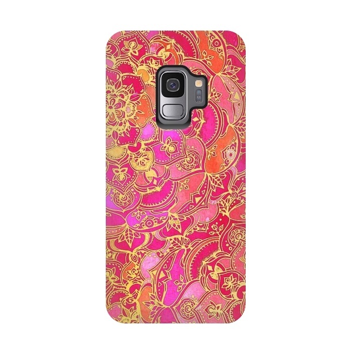 Galaxy S9 StrongFit Hot Pink and Gold Baroque Floral Pattern by Micklyn Le Feuvre
