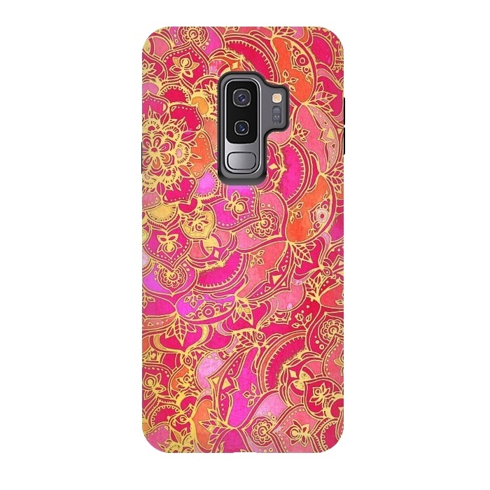 Galaxy S9 plus StrongFit Hot Pink and Gold Baroque Floral Pattern by Micklyn Le Feuvre