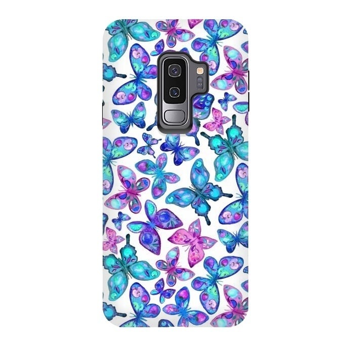 Galaxy S9 plus StrongFit Watercolor Fruit Patterned Butterflies - aqua and sapphire by Micklyn Le Feuvre