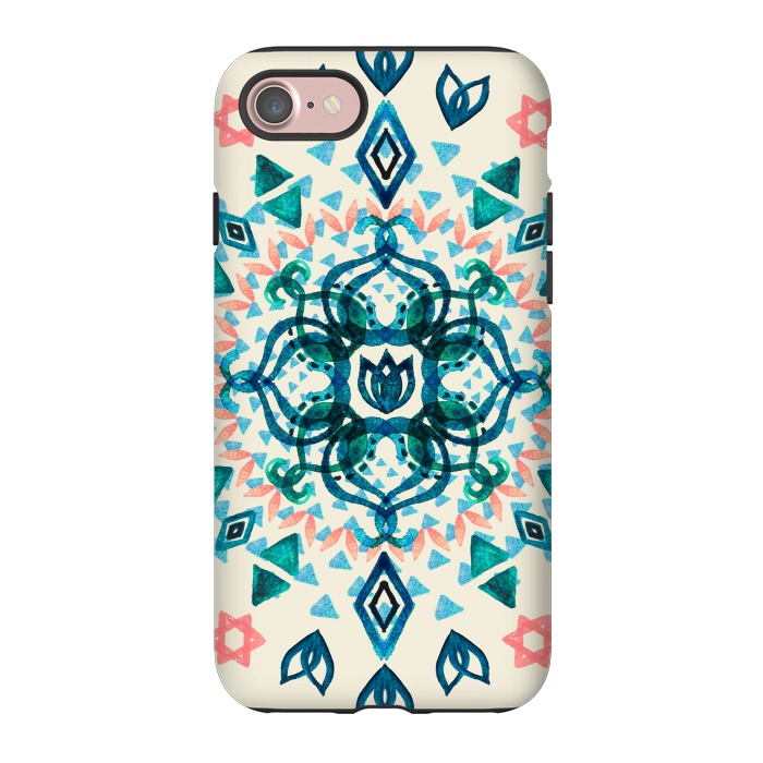 iPhone 7 StrongFit Watercolor Lotus Mandala in Teal & Salmon Pink by Micklyn Le Feuvre