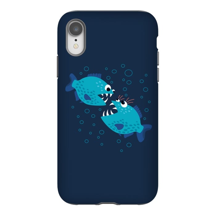 iPhone Xr StrongFit Gossiping Blue Cartoon Piranha Fish by Boriana Giormova