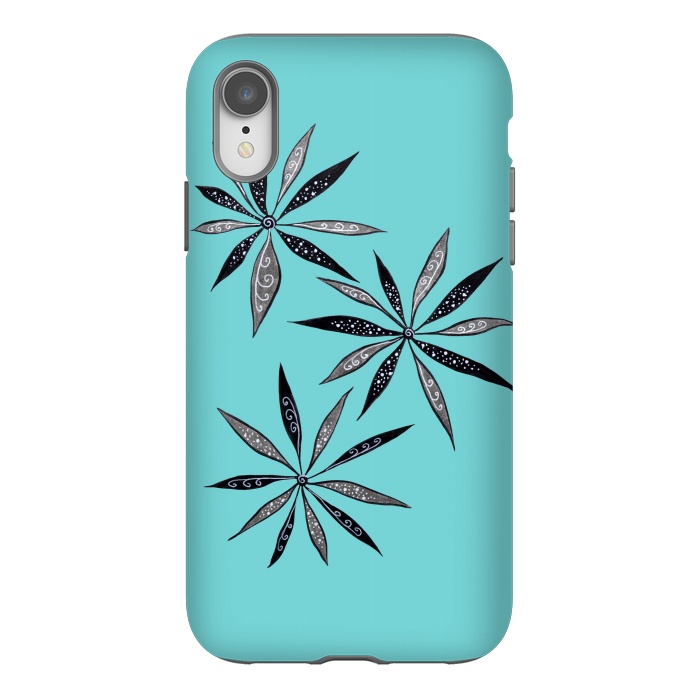 iPhone Xr StrongFit Elegant Thin Flowers With Dots And Swirls On Blue by Boriana Giormova