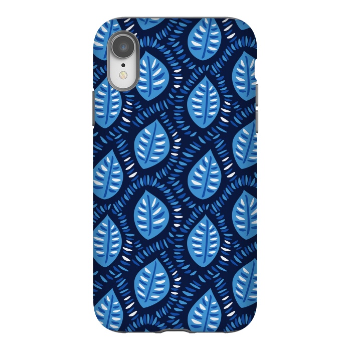 iPhone Xr StrongFit Blue Decorative Geometric Leaves Pattern by Boriana Giormova