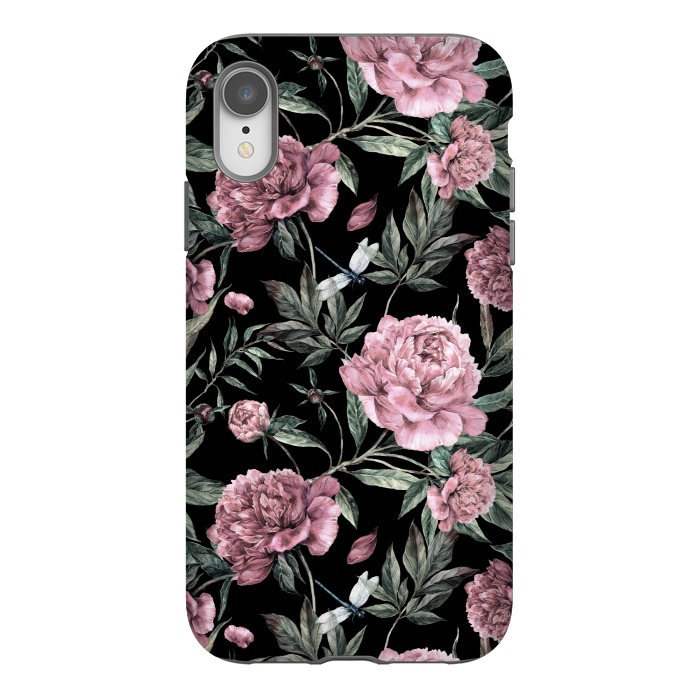 iPhone Xr StrongFit Black and Pink Peony Pattern by  Utart