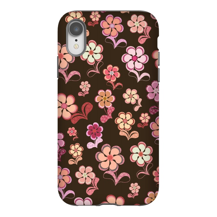 iPhone Xr StrongFit 60s Flowers on Chocolate Brown by Paula Ohreen