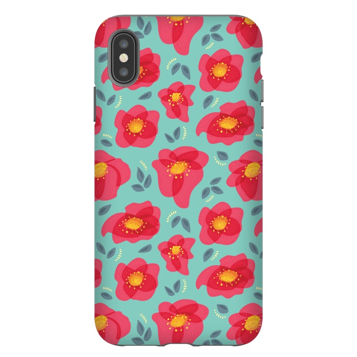 iPhone Xs Max StrongFit Pretty Flowers With Bright Pink Petals On Blue by Boriana Giormova