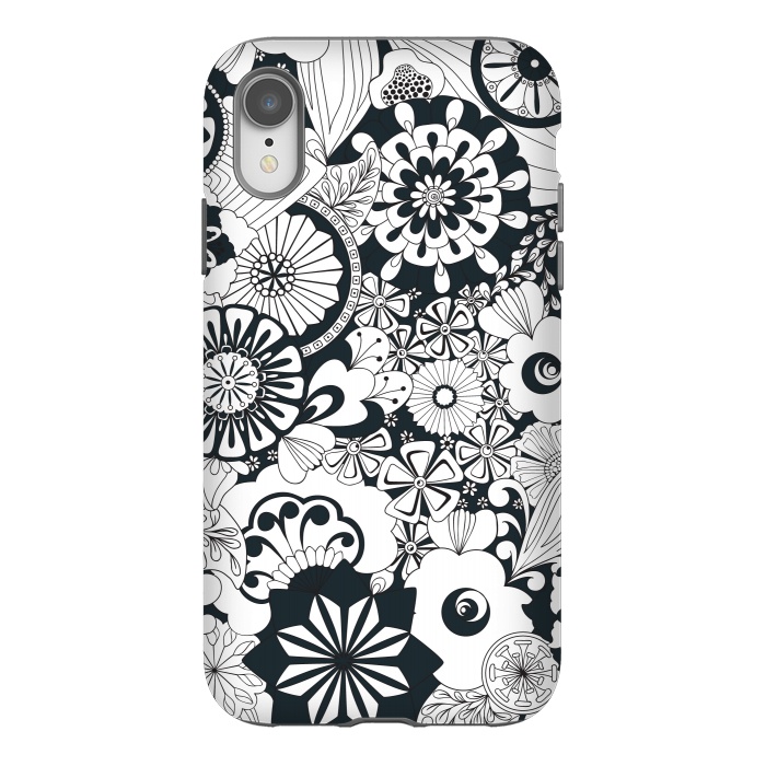 iPhone Xr StrongFit 70s Flowers - Navy and White by Paula Ohreen