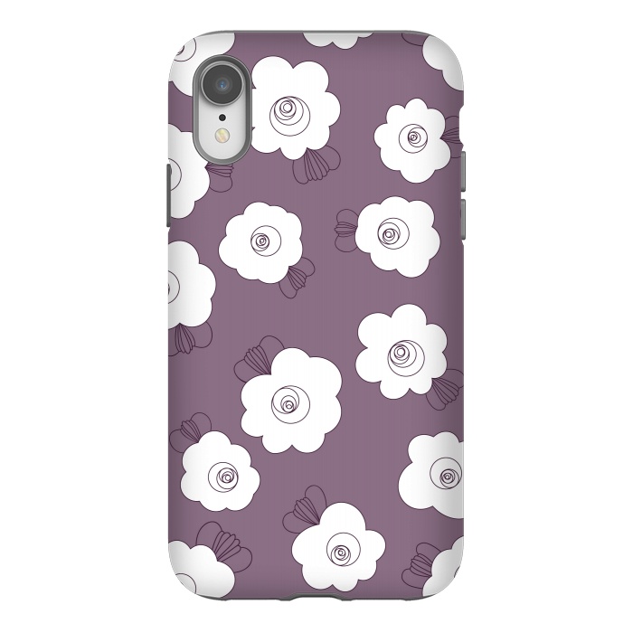 iPhone Xr StrongFit Fluffy Flowers - White on Grape Purple by Paula Ohreen