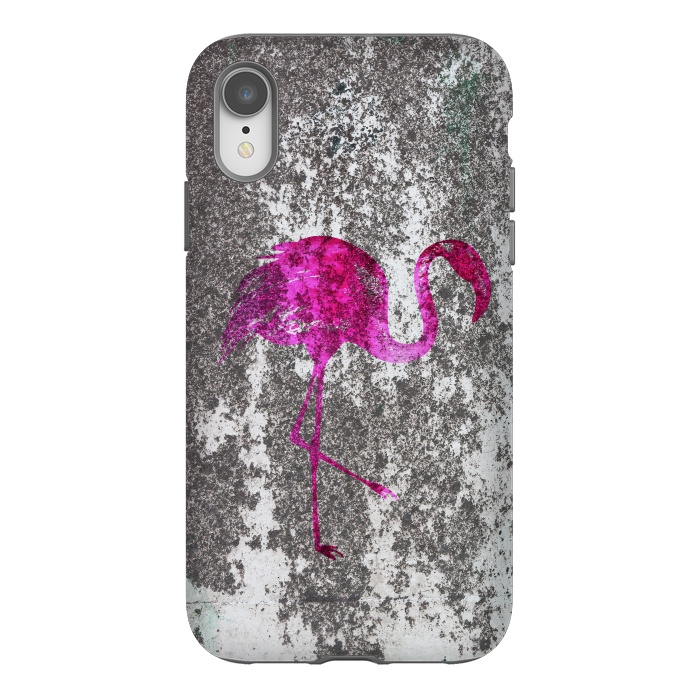 iPhone Xr StrongFit Pink Flamingo Bird On Grunge Wall by Andrea Haase