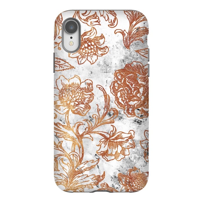 iPhone Xr StrongFit Golden flowers line art on white marble by Oana 