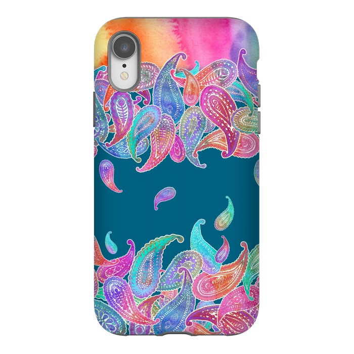 iPhone Xr StrongFit Rainbow Paisley Rain on Blue by Micklyn Le Feuvre