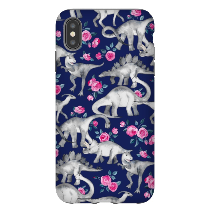 iPhone Xs Max StrongFit Dinosaurs and Roses on Dark Blue Purple by Micklyn Le Feuvre