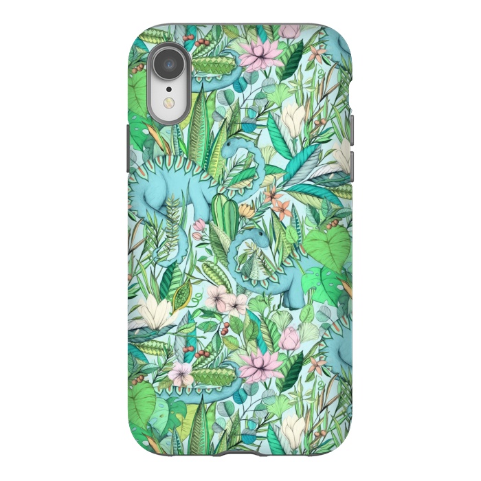 iPhone Xr StrongFit Summer Floral with Dinosaurs by Micklyn Le Feuvre