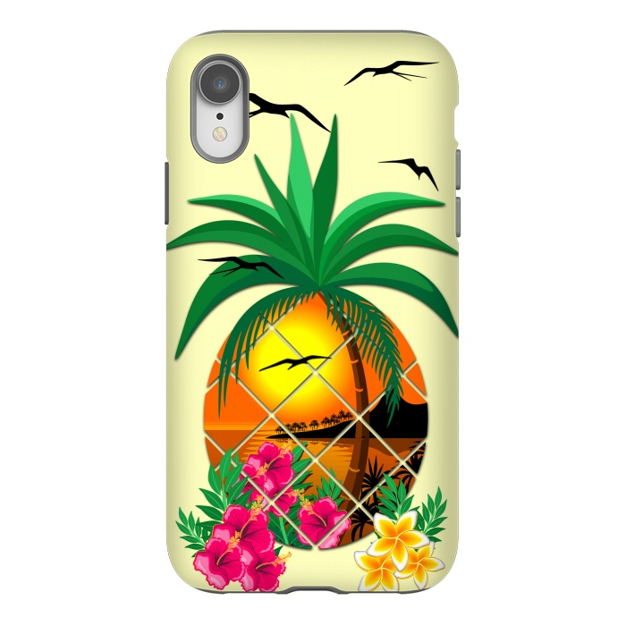 iPhone Xr StrongFit Pineapple Tropical Sunset, Palm Tree and Flowers by BluedarkArt