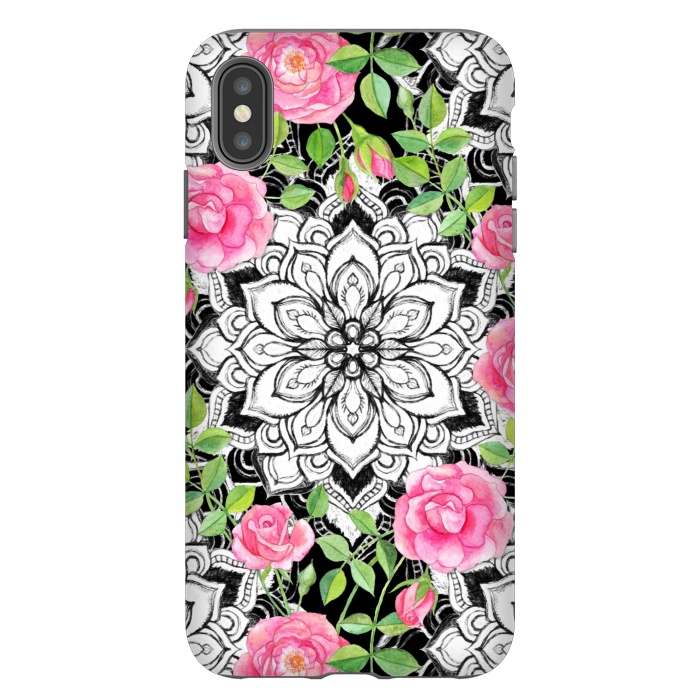 iPhone Xs Max StrongFit Peach Pink Roses and Mandalas on Black and White Lace by Micklyn Le Feuvre