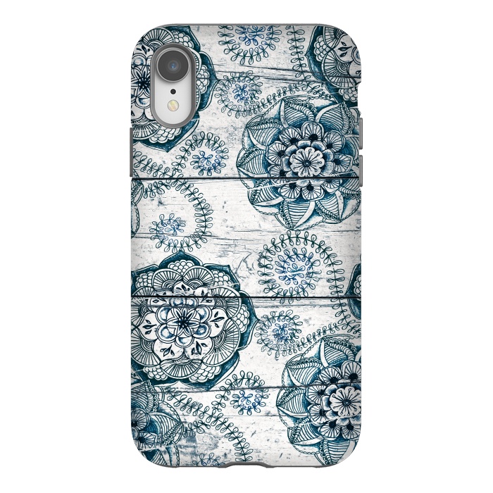 iPhone Xr StrongFit Navy Blue Floral Doodles on Wood by Micklyn Le Feuvre