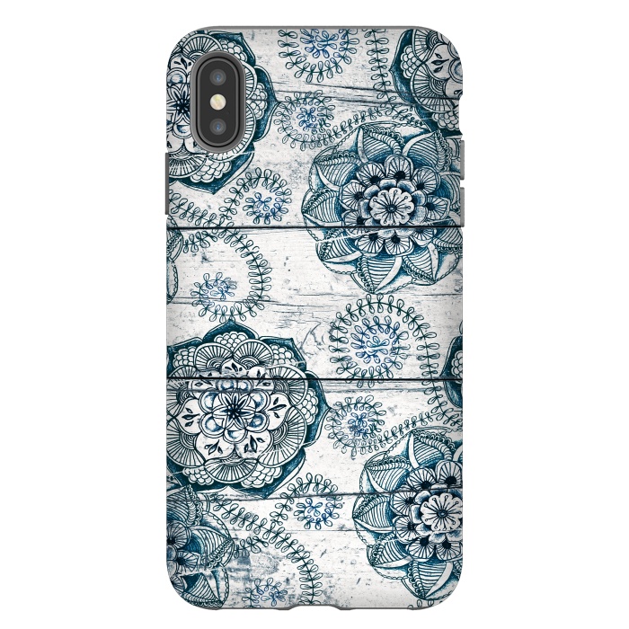 iPhone Xs Max StrongFit Navy Blue Floral Doodles on Wood by Micklyn Le Feuvre