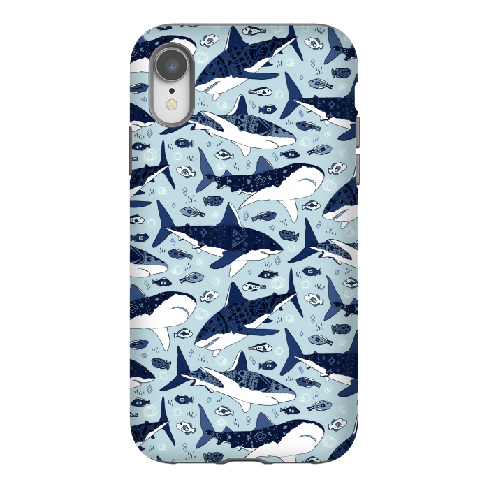 iPhone Xr StrongFit Tribal Sharks & Fish On Baby Blue  by Tigatiga