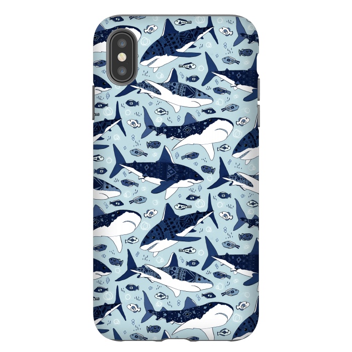 iPhone Xs Max StrongFit Tribal Sharks & Fish On Baby Blue  by Tigatiga