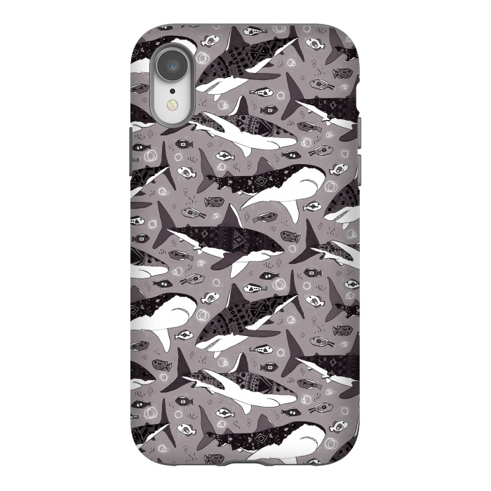 iPhone Xr StrongFit Tribal Sharks & Fish On Grey  by Tigatiga